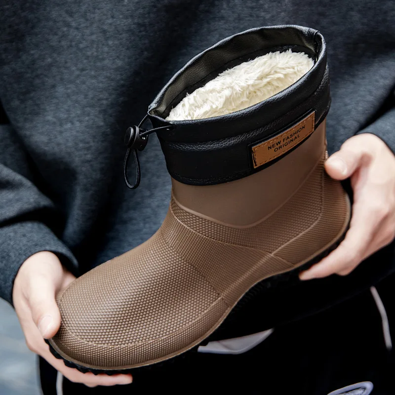 

Зимние непромокаемые сапоги, мужская нескользящая износостойкая обувь для воды с короткими трубками, водонепроницаемая резиновая обувь для пар, уличная обувь на шнурке для поездок на работу