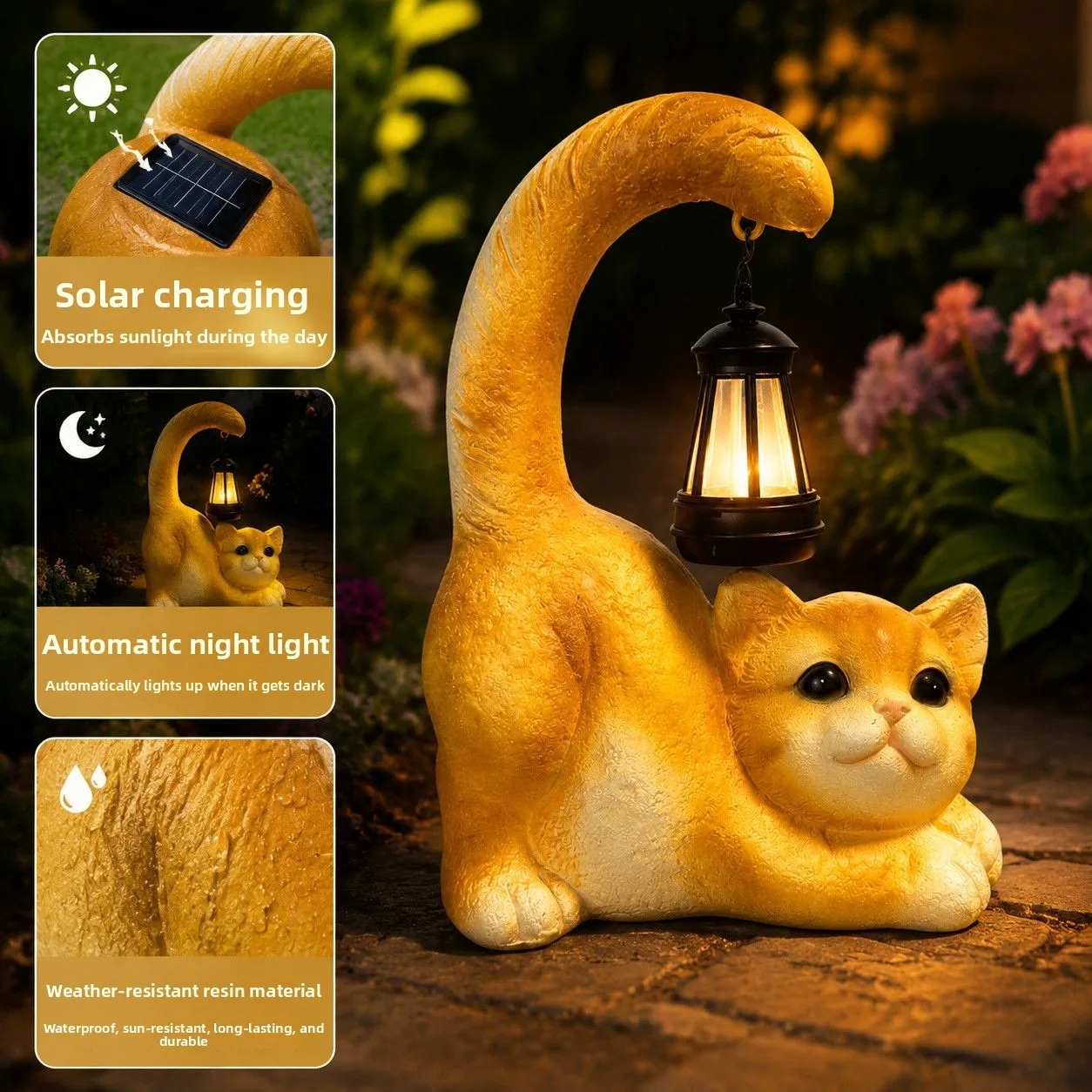 Solar Cat Lantern Garden Statue, Cute Resin Cat Figurine with Glowing Light, Outdoor Patio Balcony Decor, Gift for Cat Lovers