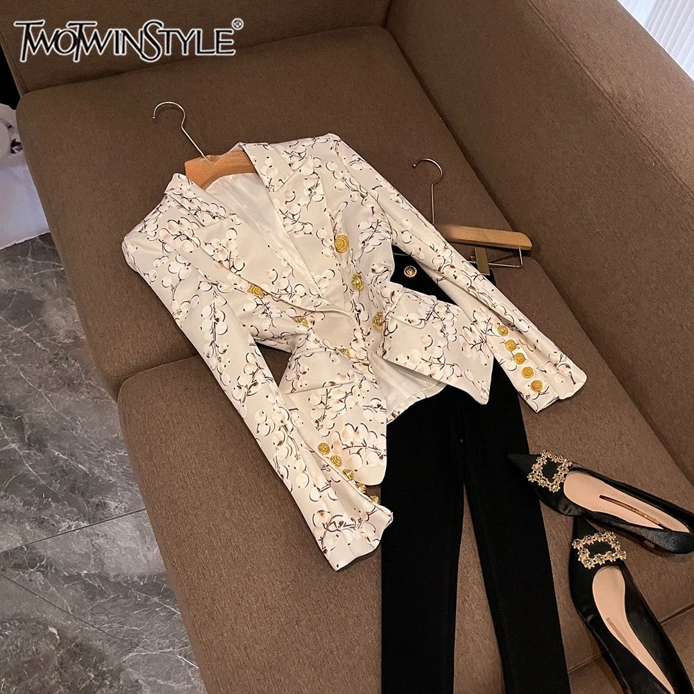 TWOTWINSTYLE Design Sense Printing Blazers For Women V Neck Long Sleeve Spliced Button Spring Fresh Jacket Female New KJA559523