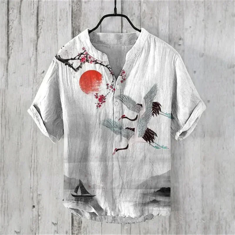 Spring Summer Men's Shirt Fashion Men Art Illustration Print Fashion V Neck Henley Shirt Men Shirt Art Casual Short Sleeve Shirt