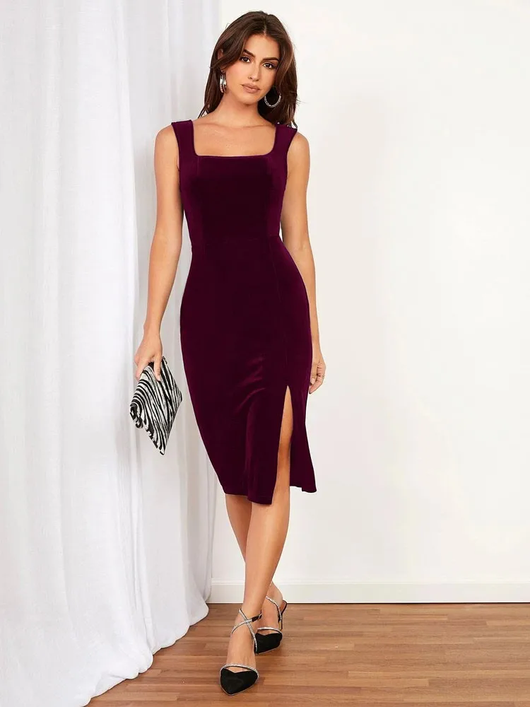 Women's temperament tank top dress sleeveless zipper high waisted square collar split hip strap velvet party dress