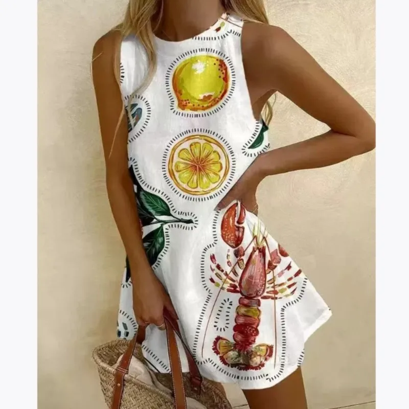 2025 New Casual Fish-printed Mini Dresses Round Neck Sleeveless Loose A-line Dress Sea Beach Vacation Sundress Women's Clothing