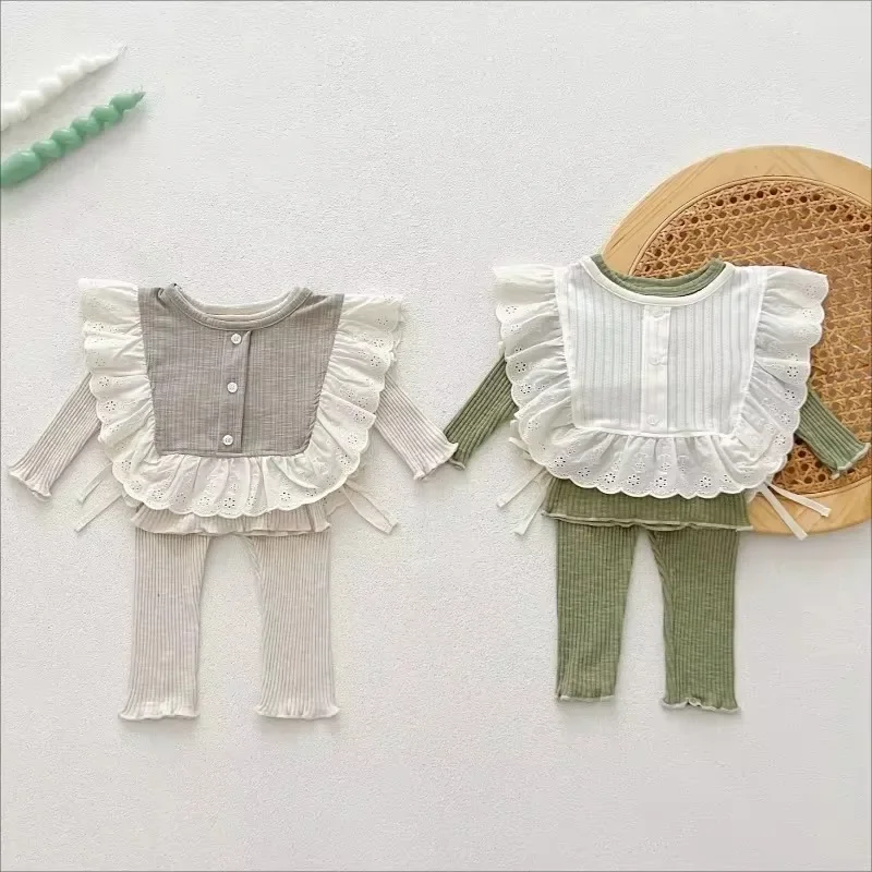 3Pcs Baby Girl's Clothing Set Home Skinny Suit 2024 Autumn New Solid Long Sleeves Top+Pants Sweet Cotton Lace Bib Saliva Towels