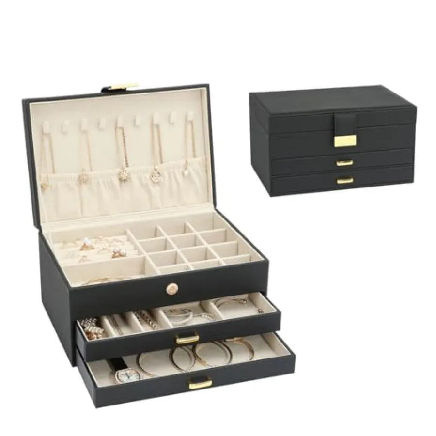 Jewelry Holder Organizer Leather Jewelry Set Box with 2 Drawers Jwlry Storg ox for Womn Girls