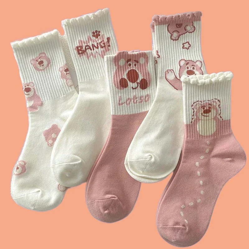 

5/10 Pairs Cap Socks Trendy Socks Versatile Cartoon Women's High Quality Fashion Women's Socks Strawberry Bear Thin Medium Socks