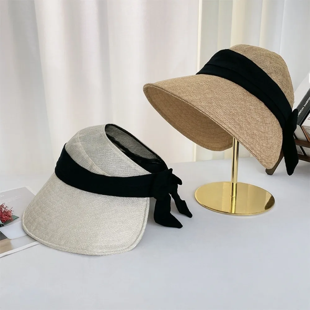 

New Cotton and Linen Fisherman Hat Bow Lightweight Large Brim Hat Breathable Sun Protection Beach Hats Beach Wear