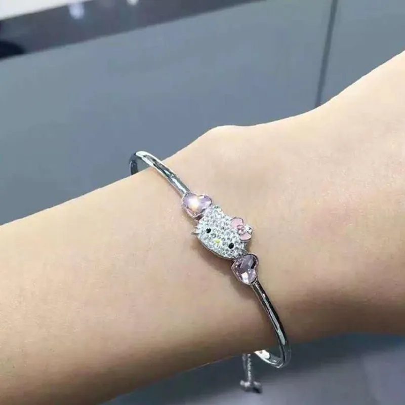 Sanrio Hello Kitty Bracelet Fashion Cartoon KT Cat Rhinestone Zircon Mosaic Silver Girl Bracelet Ornaments Jewelry Gifts