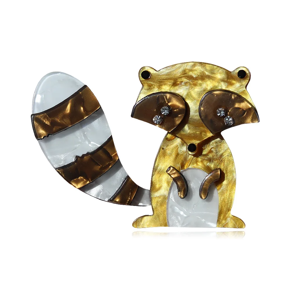 Sparkling Diamond Eye Gold Brown Raccoon Pin Acetic Acid Sheet Acrylic Brooch Banquet Formal Coat Suit Decoration Accessories