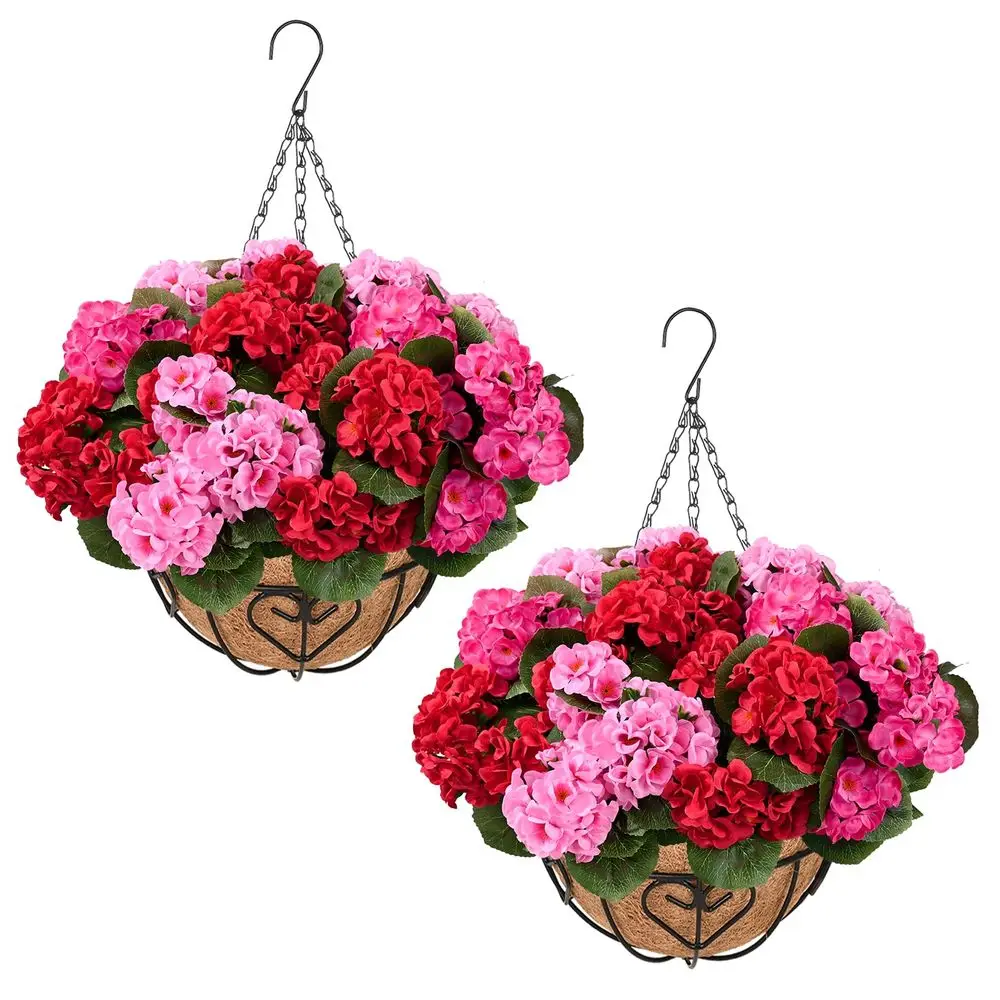 

2 комплекта искусственных гераний для улицы с подвесными корзинами, 12 пучков искусственных уличных растений, устойчивых к УФ-излучению, искусственные цветы