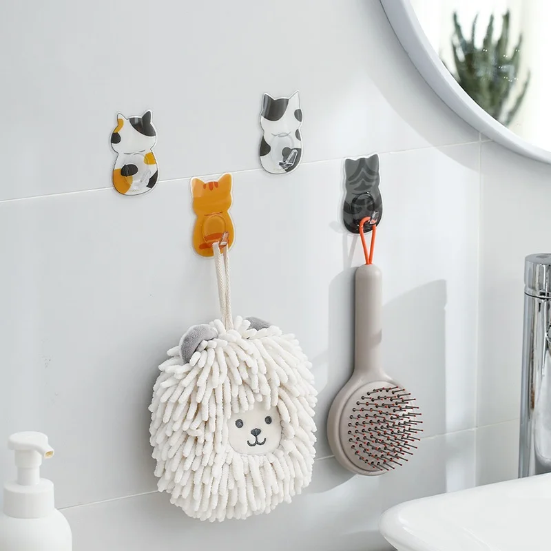 4pcs Self Adhesive Cartoon Cat Hooks Storage Holder for Bathroom Kitchen Hanger Stick on Wall Hanging Door Clothes Towel Racks