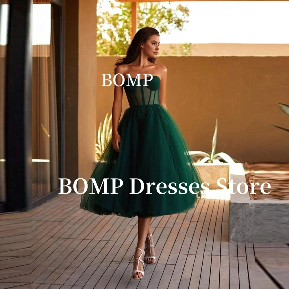 BOMP Illusion Prom Dress Green Tulle A Line Short Sweetheart Sheer Corset Top Tea Length Formal Party Gowns Customized