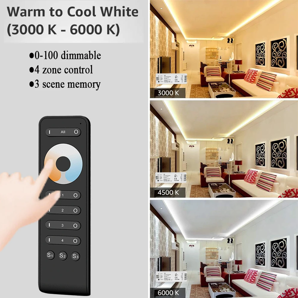 4 Zone CCT LED Dimmer Kit DC 12V 24V 2CH Dual Color LED Controller V2 Touch Wheel 2.4G RF Remote Controller RS2 Dimming Smoothly