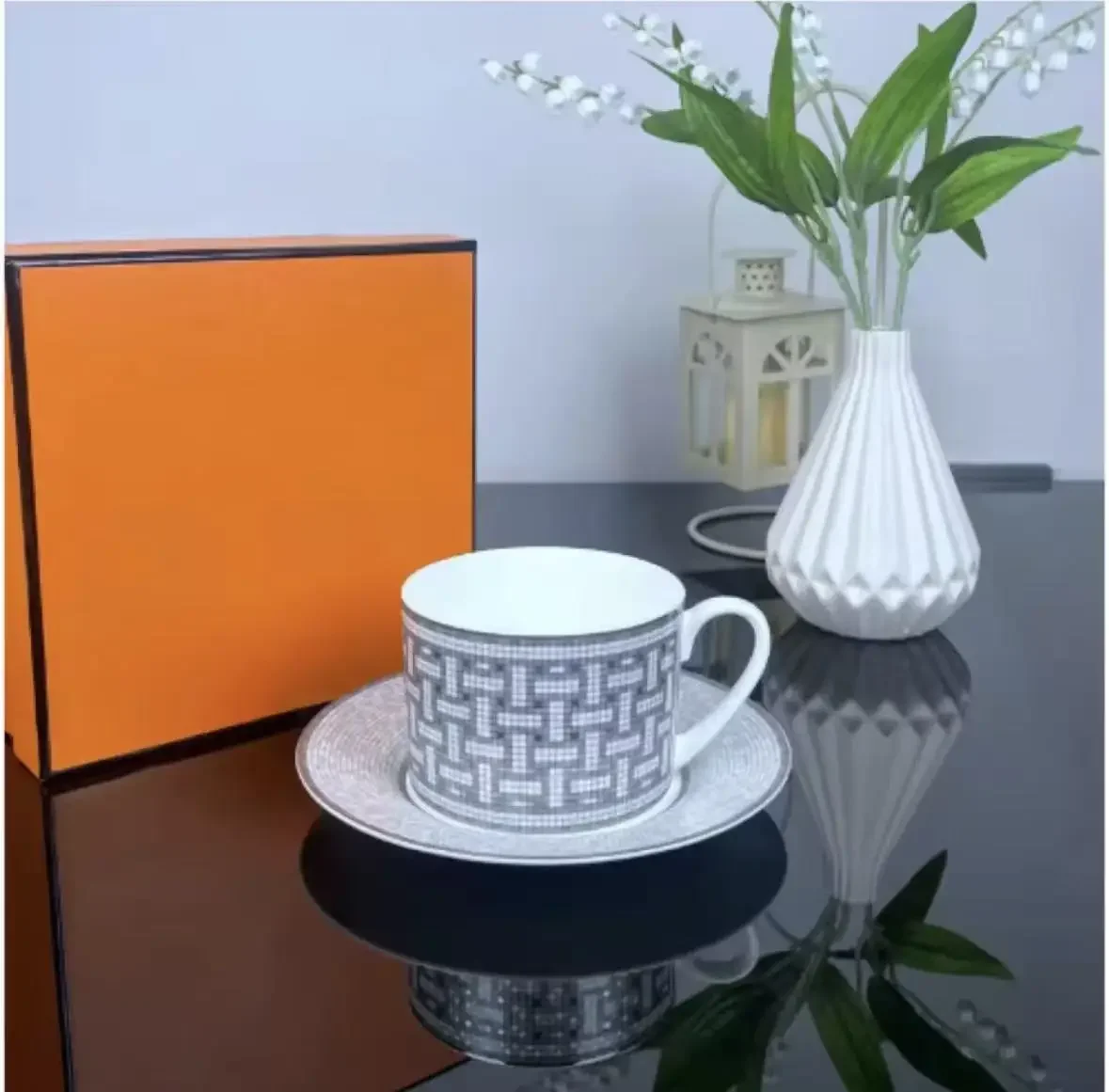 2026 New Mosaic Patterned Dinner Plate Grid-Shaped Coffee Cup & Saucer Set Bone Coffee Sets Glasses Gold Outline Plates Cup Gift