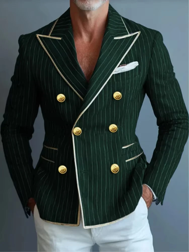 Blazers ajustados a rayas de gama alta para hombre, chaqueta de novio con solapa en pico de negocios, esmoquin Formal para graduación, trajes elegantes con doble botonadura para hombre