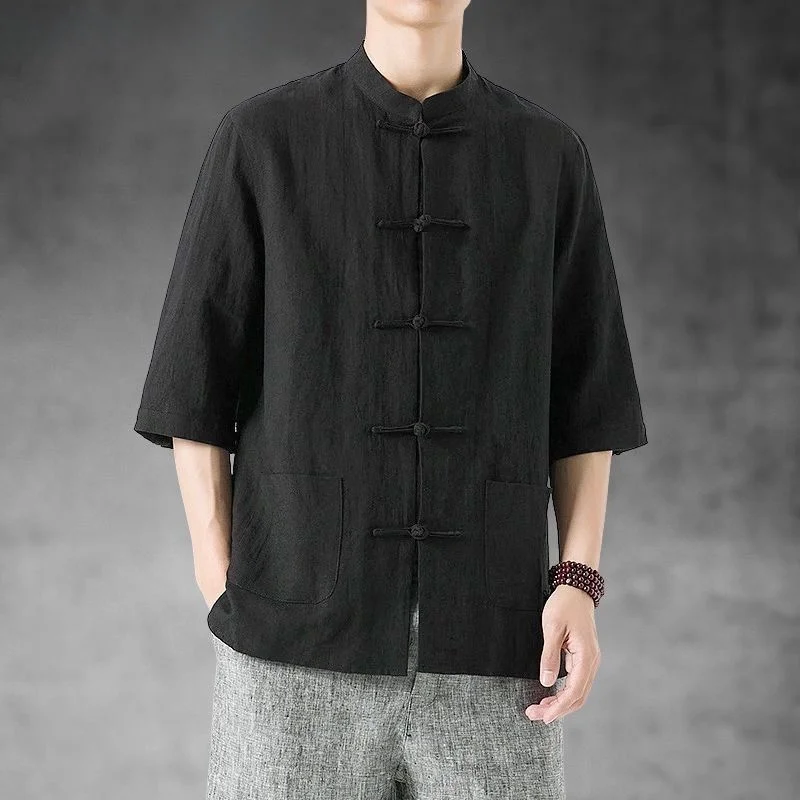 Mixed Gender Cotton Linen Style Chinese Traditional Shirt Coat with Button Design for Spring Summer Autumn Casual Wear