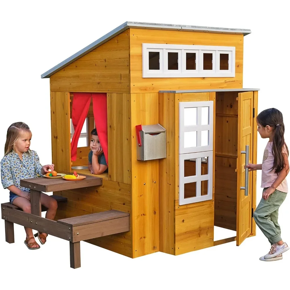 

Modern Outdoor Wooden Playhouse with Picnic Table, Mailbox and Outdoor Grill ,Gift for Ages 3+, 70.9 x 48.9 x 62.25 inches