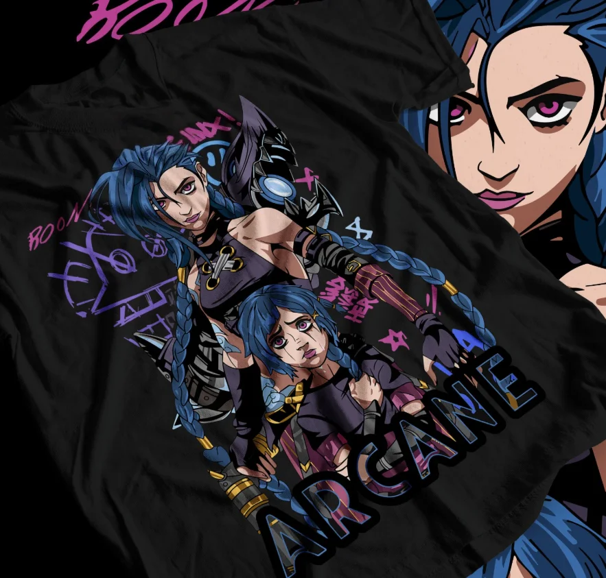 

Jinx Arcane T-shirt Japan Anime League of Legends Cosplay Merch Premium Cotton Street Clothing for Men and Women Game Fans Gift