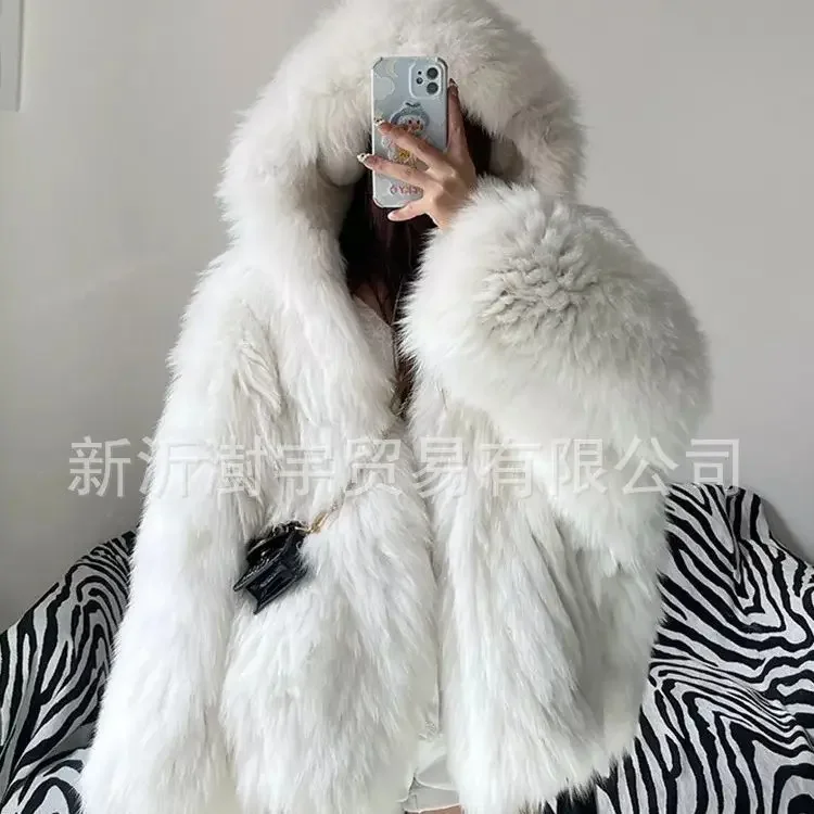 Temperament Hooded Batwing Sleeve Warm Faux Fur Coats For Women Casual Thick Female Jacket 2025 Fashion Autumn Winter New