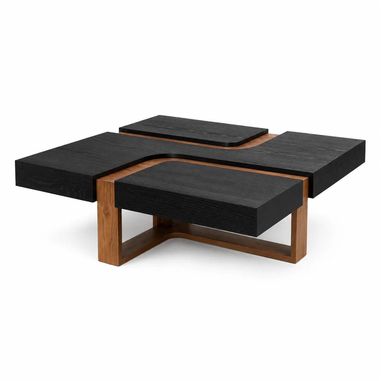 Modern luxury square coffee table, black and natural wood stacked center table