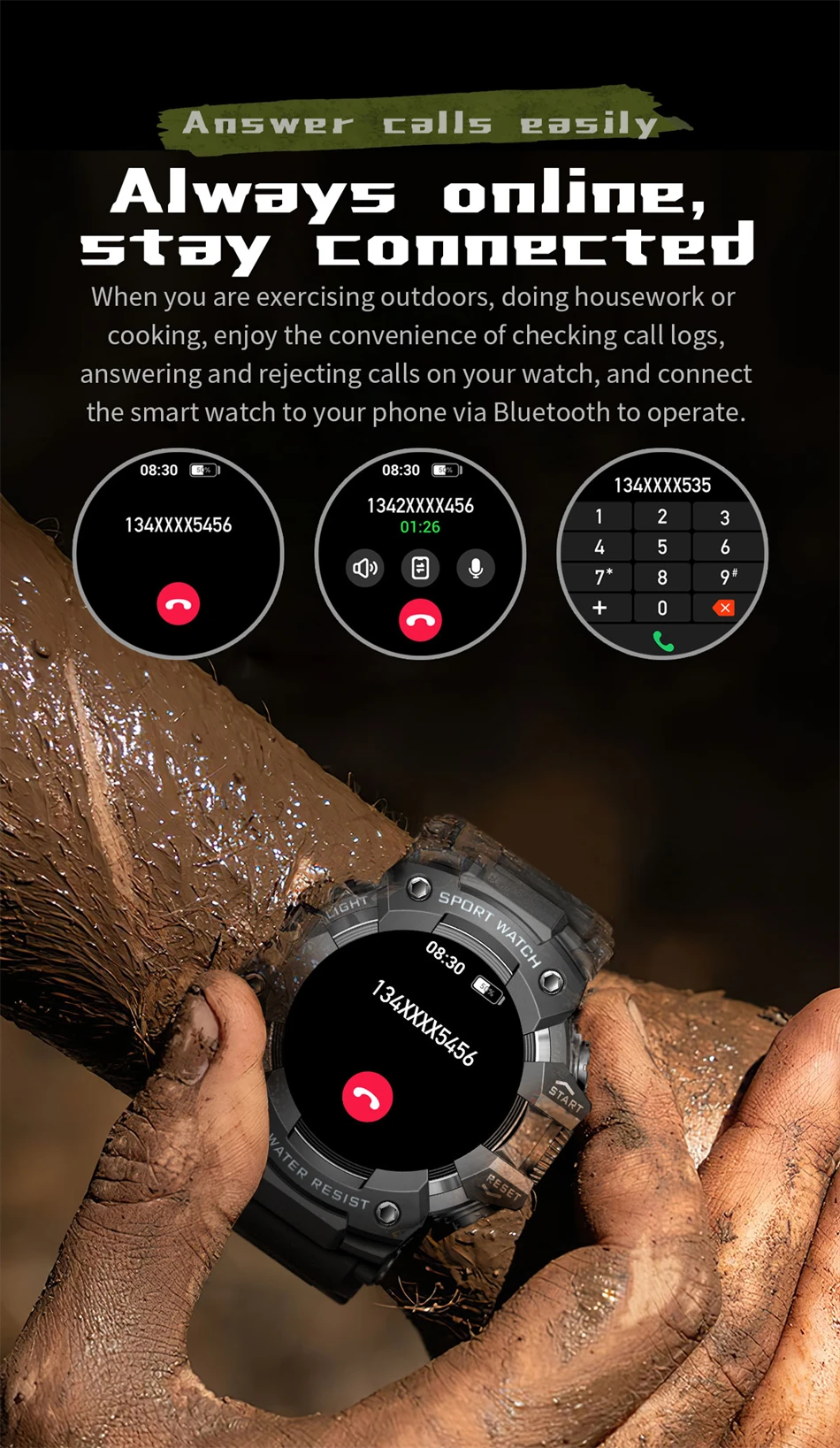Neue Militär-Sport-Smartwatch für Herren, 100+ Sportarten, Outdoor-Fitness, Kompass, Herzfrequenz, BT-Anruf, wasserdichte Smartwatch für iOS und Android – Detail 8