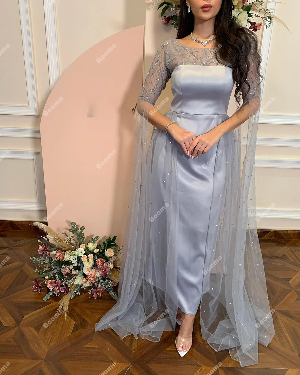 Booma Saudi Arabia Mermaid Evening Dresses O Neck Half Sleeves Formal Party Gowns for Women Ankle Length Wedding Guest Dress