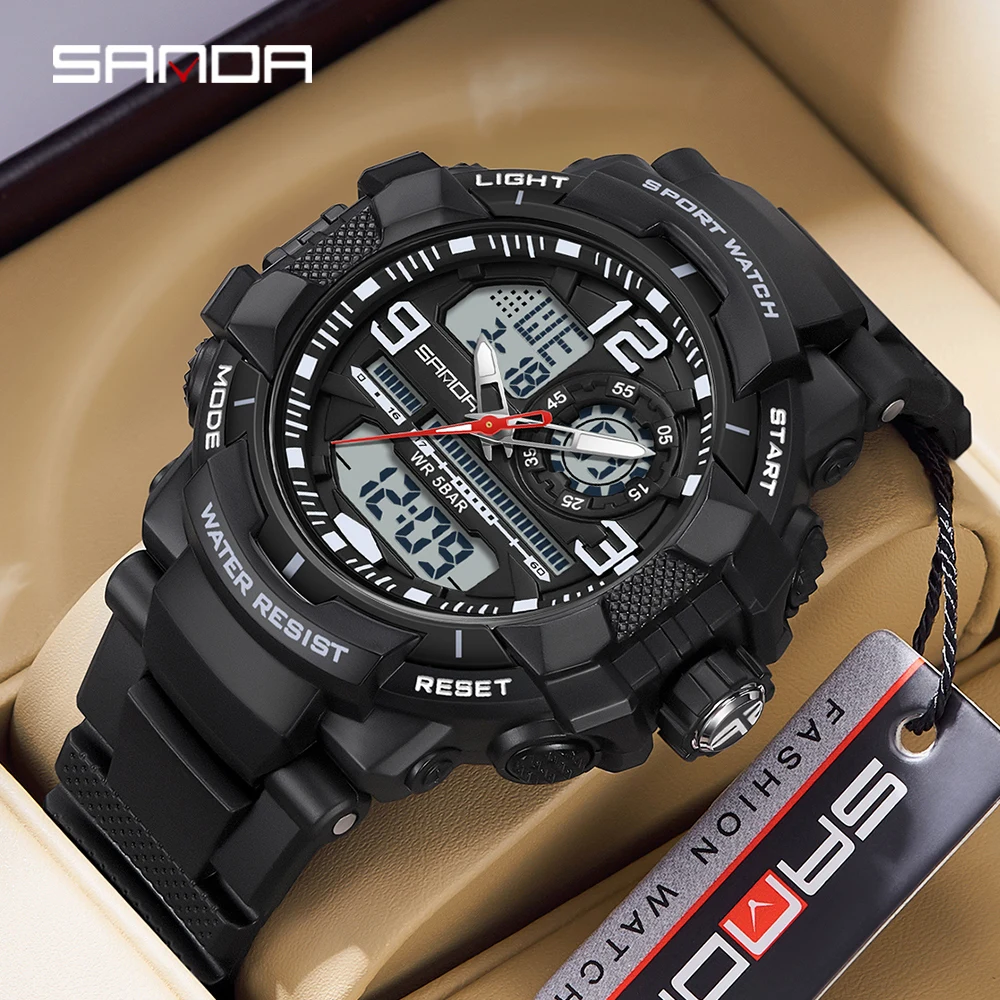 SANDA 6130 Luxury Student Electronic Watch Dual Display Multi Functional Waterproof LED Men's Electronic Clock Watch 2024