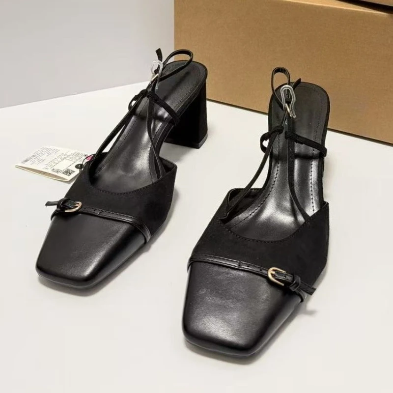 Chunky Heels Summer Women Slingback Sandals Vintage Square Toe Brown Suede Buckle Belt Patchwork Elegant Office Ladies Shoes - view 5