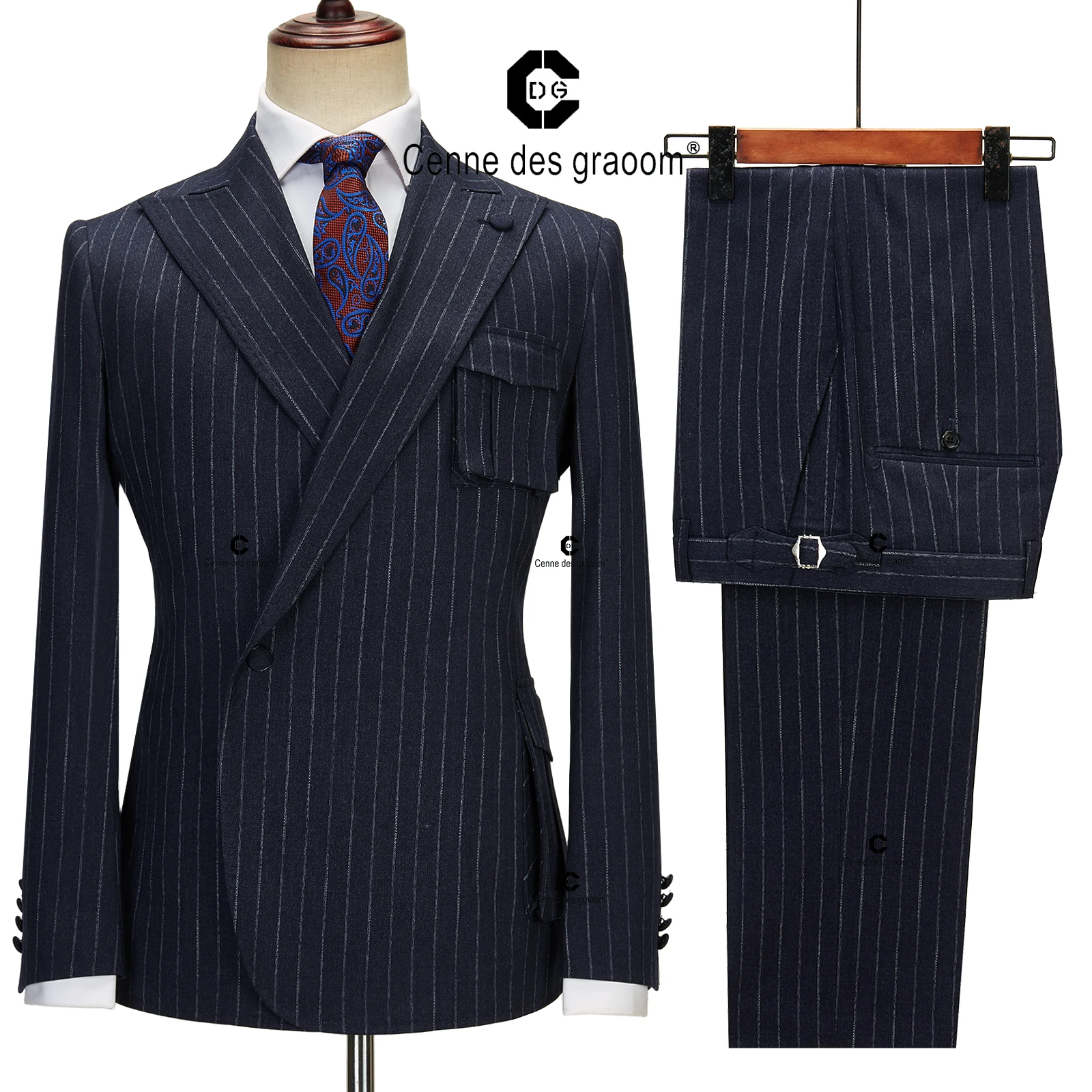 Cenne Des Graoom 2023 Navy Blue Pinstriped Men Suits Right Side Button Jacket Pants 2 Pcs Slim Fit Groomsman Wedding Dress Party