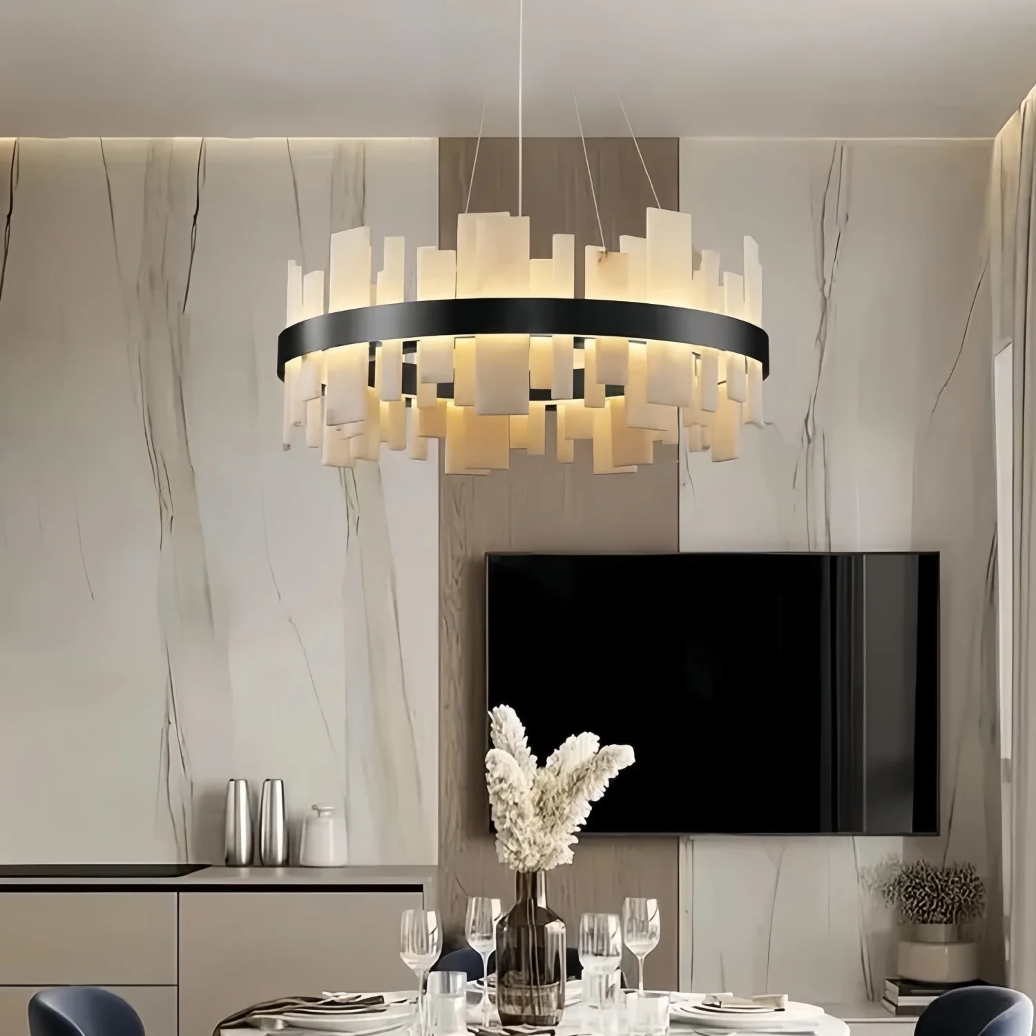 Round Alabaster Pendant Light Black Gold Decor Chandelier For Living Dining Room Bedroom Kitchen Bar Hallway Marble Hanging Lamp