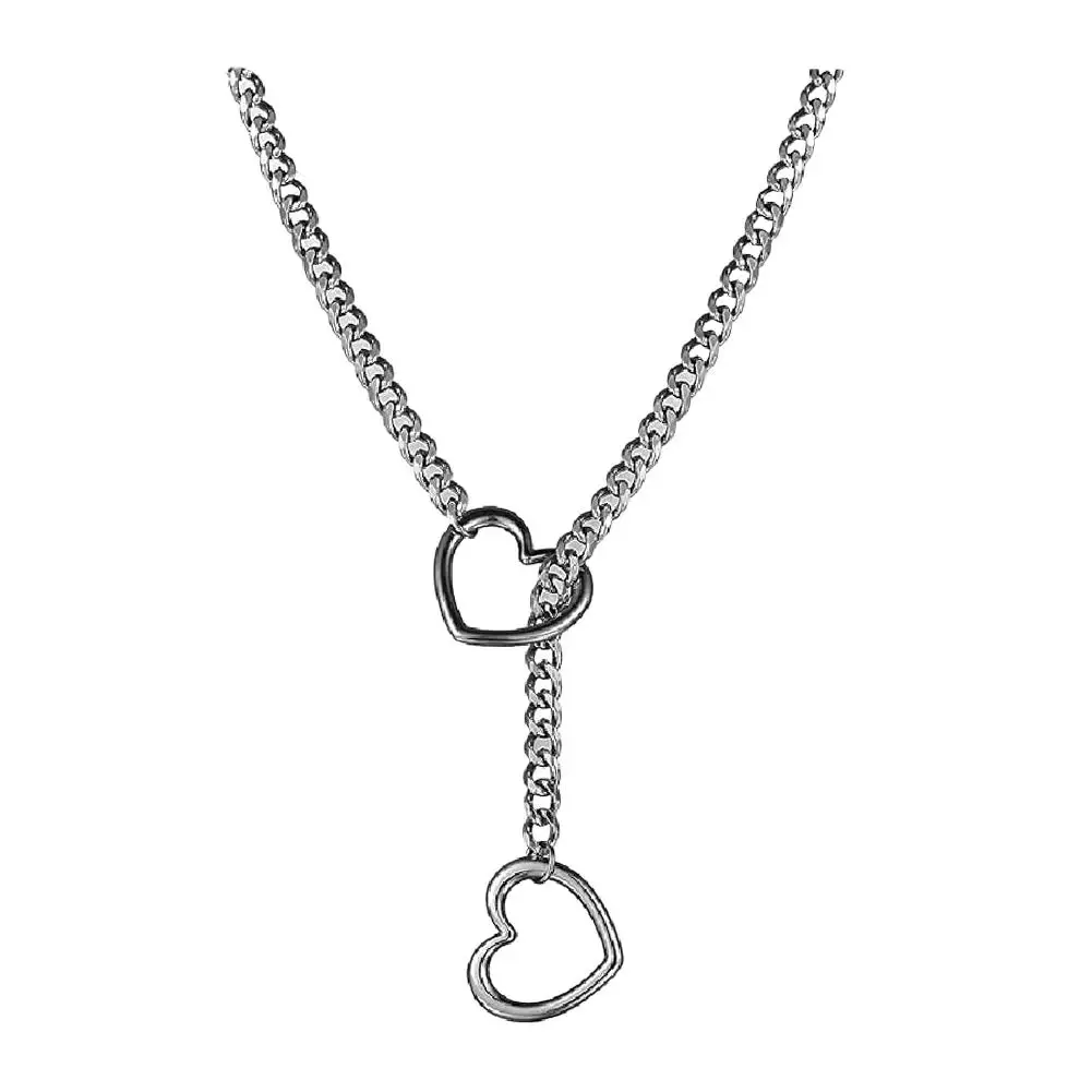 Womens Heart O Slip Chain Necklace Punk Rock Stainless Steel Cuban Long Necklace Choker Adjustable Lariat Y-Necklace