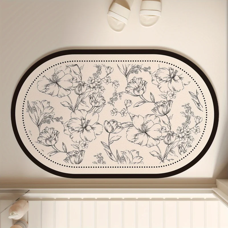 VIKAMA Black and White Floral Cloud Doormat Minimalist Lines Artistic Hallway Bedroom Mat Non-Slip Stain-Resistant Home Decor