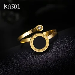 RAKOL Stainless Steel Roman Numeral Black Shell Opening Rings for Women Adjustable Zircon Tail Ring Fashion Female Jewelry