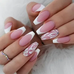 Matte Medium  Ballerina Press On Nail Pink And White False Nails With Glitter Flower Designs Artificial Reusable Fake Nails