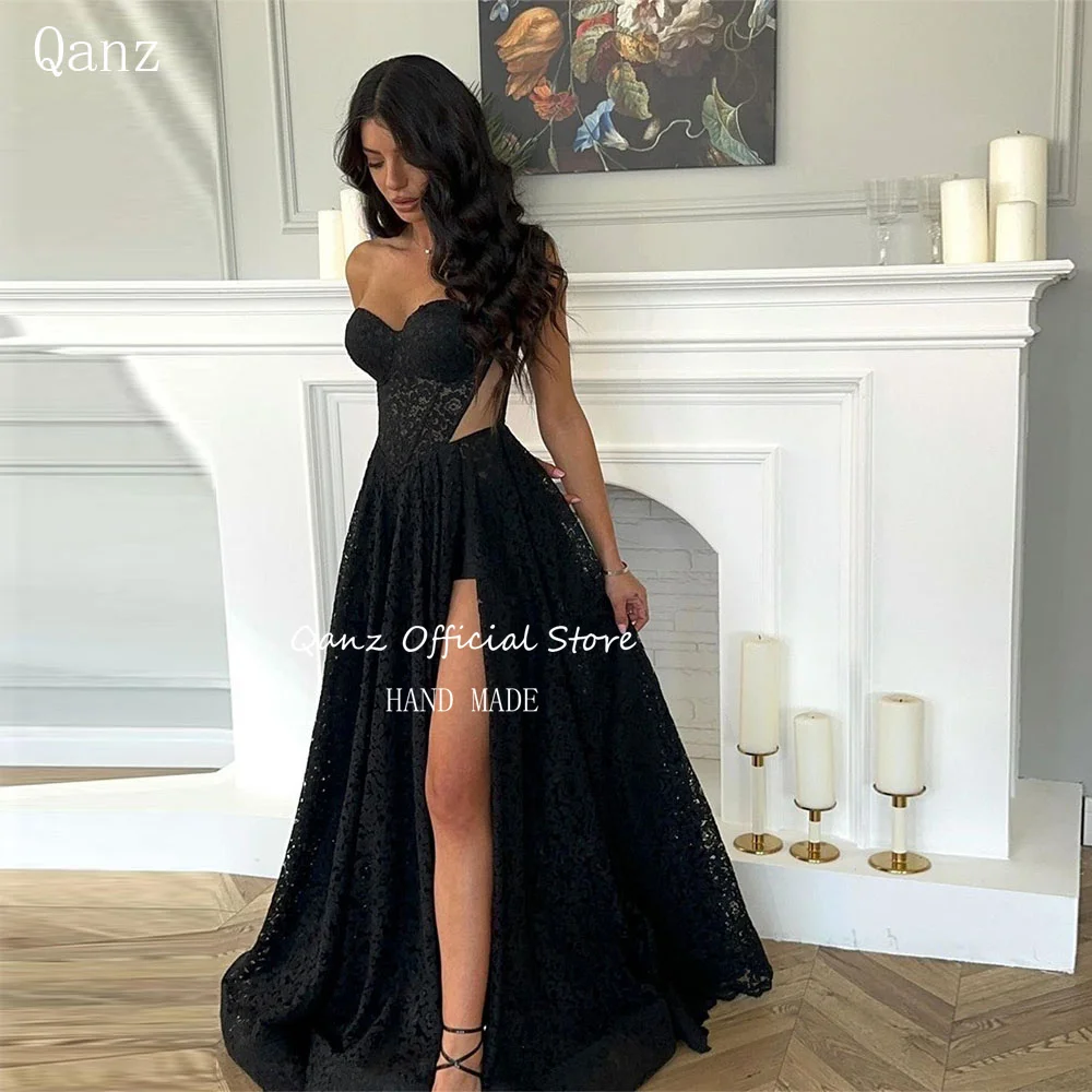 

Qanz Elegant Long Evening Dresses Slit Black Lace Appliaues Prom Dresses Luxury Gowns Lace Up Back Vestidos De Noche Customized