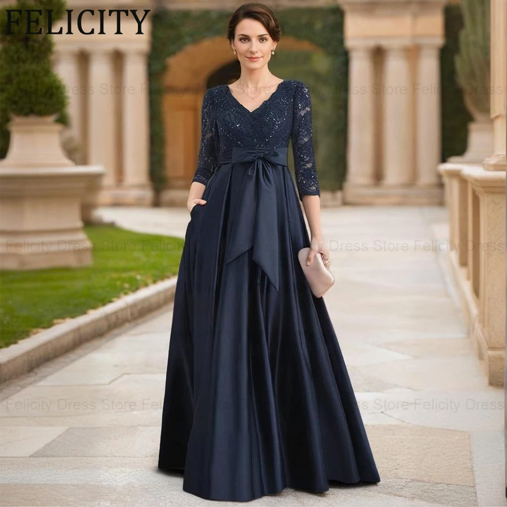 FELICITY Customized Elegant Mother of the Bride Dress A-line V-Neck Bow Satin Lace Long Wedding Guest Party Dress Evening Gowns