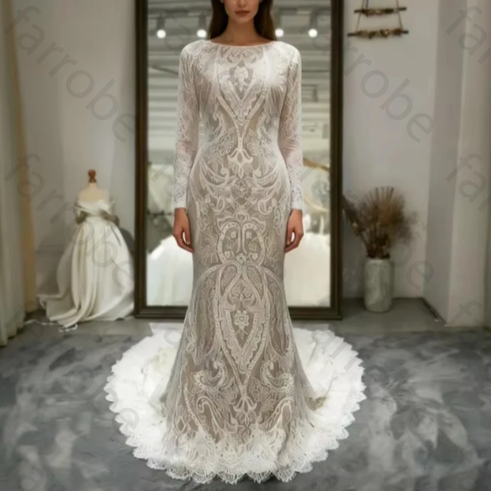 Customized Lace Long Sleeves Wedding Dresses Elegant Backless Floor-Length Bridal Dress Exquisite High Quality Prom Party Gowns