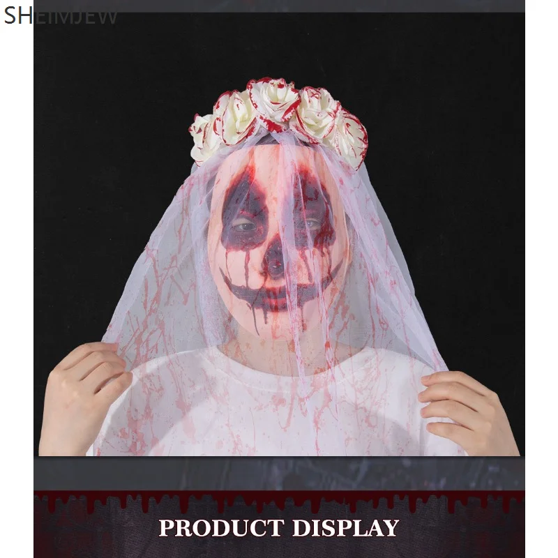 Halloweenowy Gotycki Welon Ślubny Kwiatowa Ozdoba na Głowę Krwawa Maska Dziwne Akcesoria do Odgrywania Ról Dorosły Horror Tematyczne Rekwizyty Kostiumowe na Imprezę