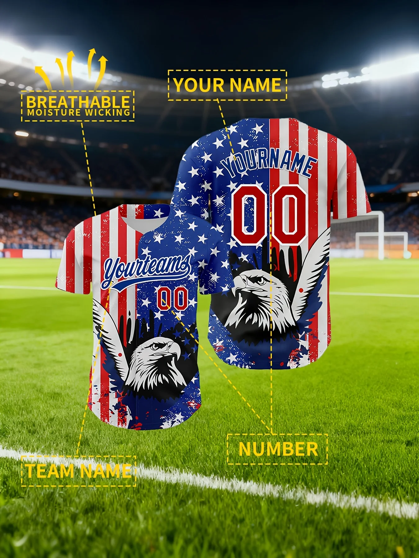 

Custom American Flag Eagle Baseball Jersey Personalized Name Number Breathable Moisture Wicking Sports Shirt For Men Wome