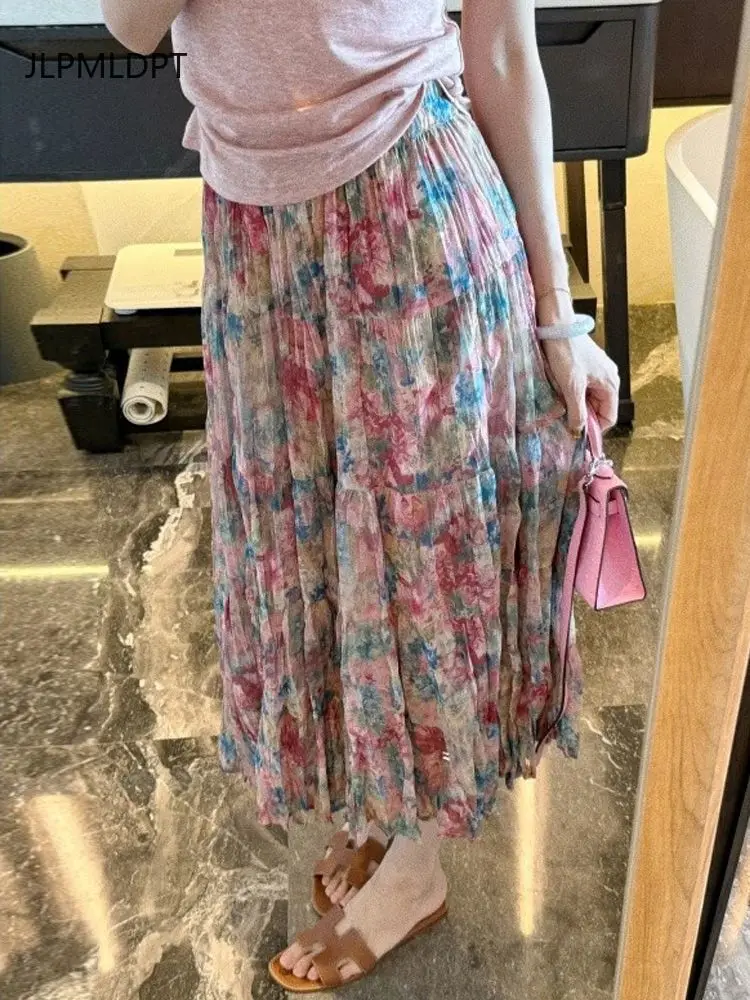 

French pink floral skirt for women 2025 summer high waist and thin retro gentle wind A-shaped skirt