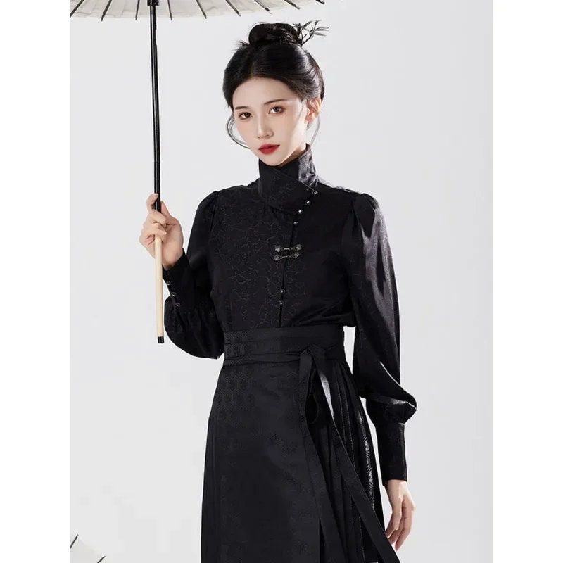 Chinese Style Black Stand Collar Jacquard Long Sleeve Hanfu Top Women's Clothing 2024 Spring Autumn Vintage Chic Shirt Plus Size