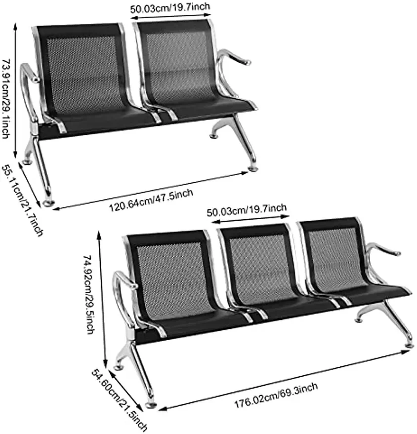 Airport Reception Seat Bench Waiting Room Chairs 5 Seat Guest Chairs with Arms for Office Bank Hospital Black