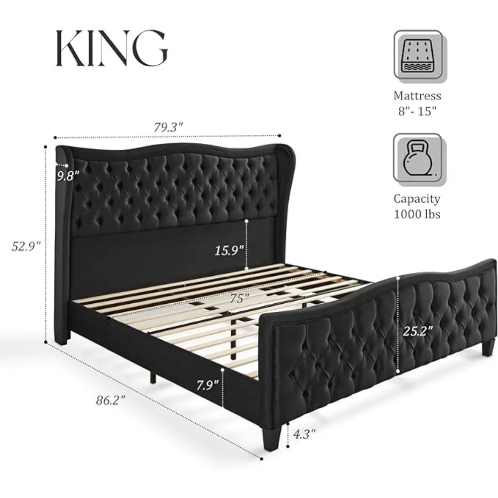 Bed Frame, Velvet Wingback Upholstered Beds with Deep Button Tufted Headboard & Footboard, Bed Frame