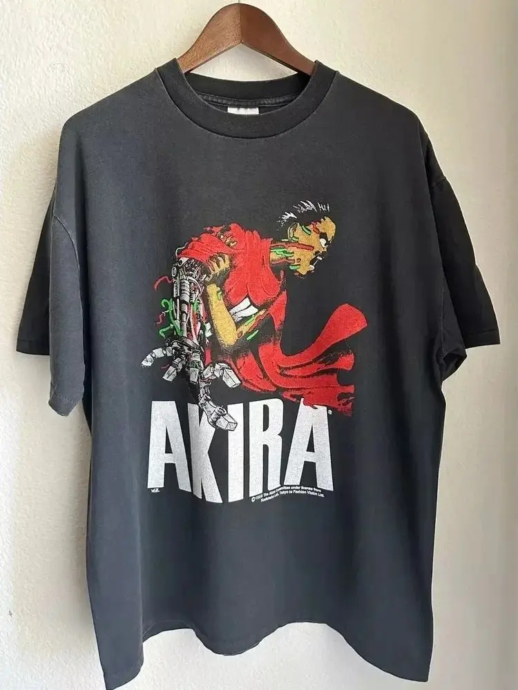 2025 الهيب توب أكيرا أنيمي نادر 90's فيلم أسود ريترو للجنسين تي شيرت إعادة طباعة عادية ومريحة الصيف القطن المتضخم المحملة