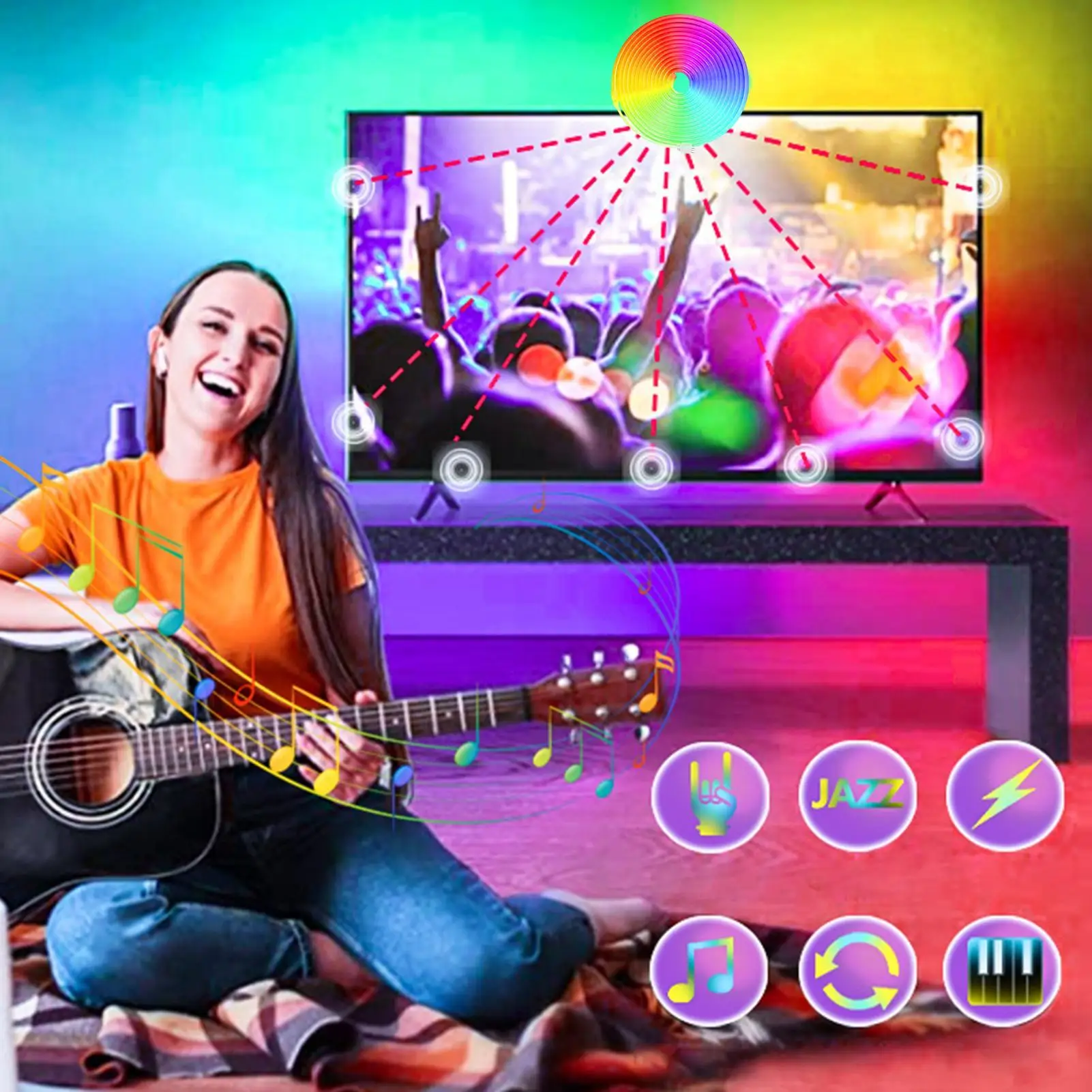 

Светодиодные ленты, водонепроницаемая музыкальная лента, меняющая цвет, 16,4 фута, водонепроницаемые светодиодные ленты для улицы, дома, гостиной, спальни