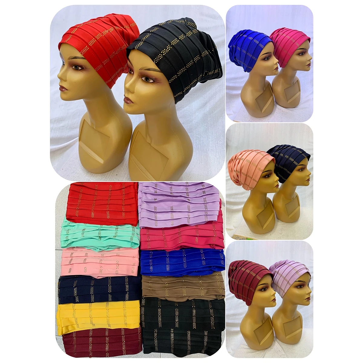 6/12 Pcs Wholesale  Fashion Muslim Female Turban Hat Bonnet Velvet Hot Rhinestone Solid Indian Beanie Hair Bonnets Cap For Women