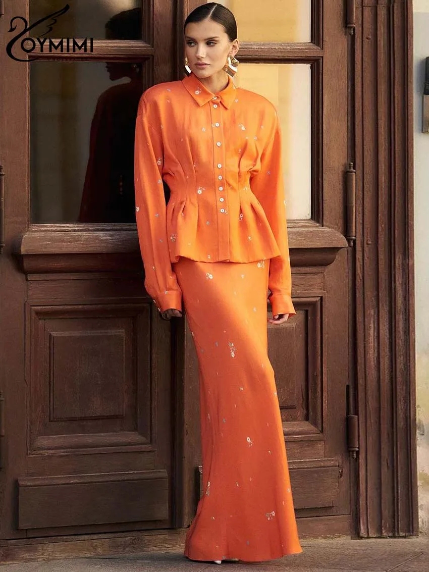 Oymimi Casual Orange Print Womens 2 Piece Outfit Set Elegant Long Sleeve Shirts + Simple High Waisted Floor-Length Skirts Sets