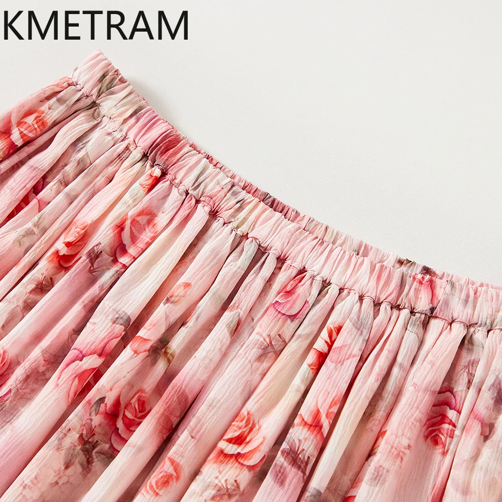 KMETRAM 100% Real Mulberry Silk Women's Skirts Chic Floral Print Silk Skirt Flowy Summer Long Skirts New Woman Clothes 2026 юбка