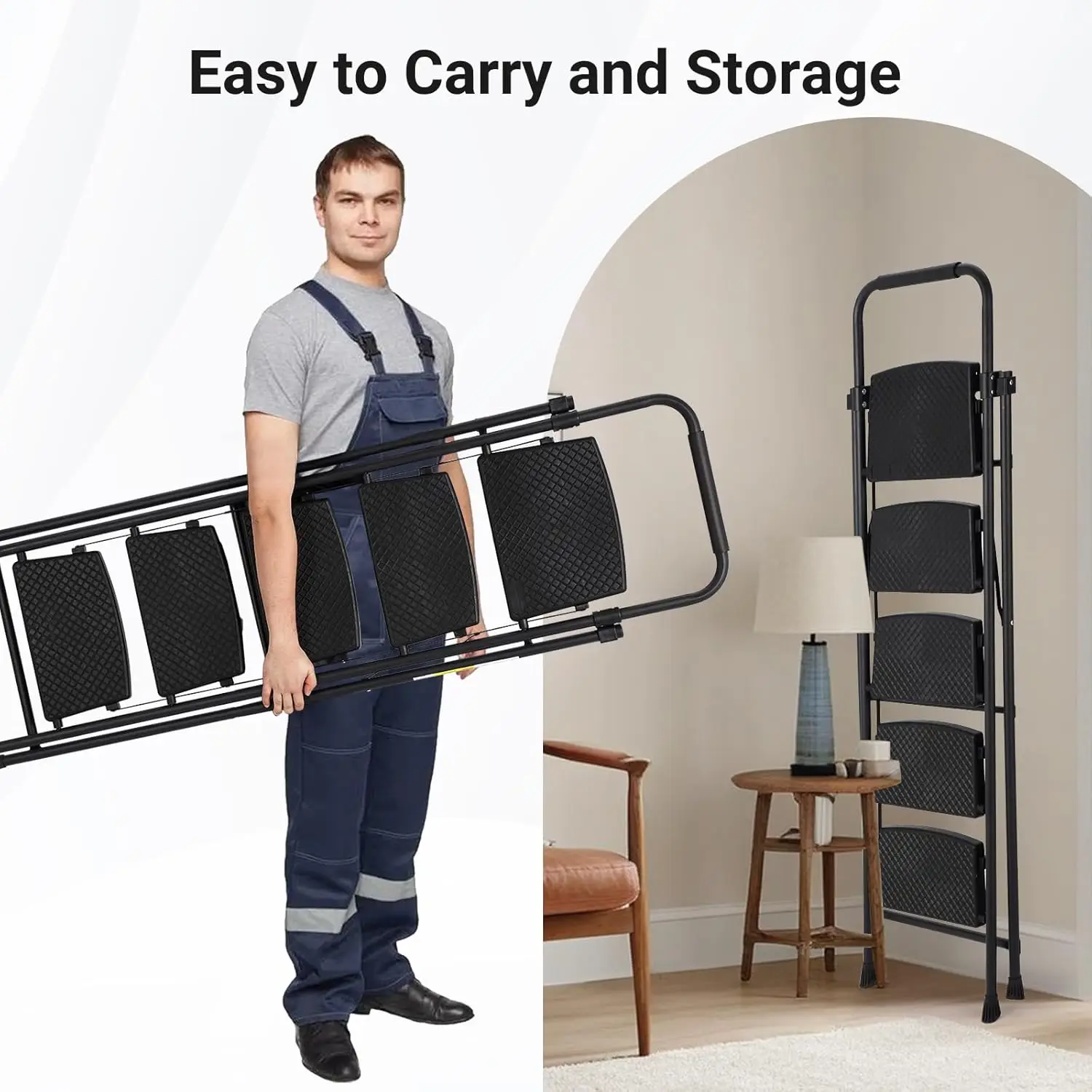 سلم فولاذي قابل للطي بخمسة خطوات، سلالم واسعة بدواسات واسعة مضادة للانزلاق بسعة 400 رطل مع تصميم قفل آمن لورشة مستودعات المنزل