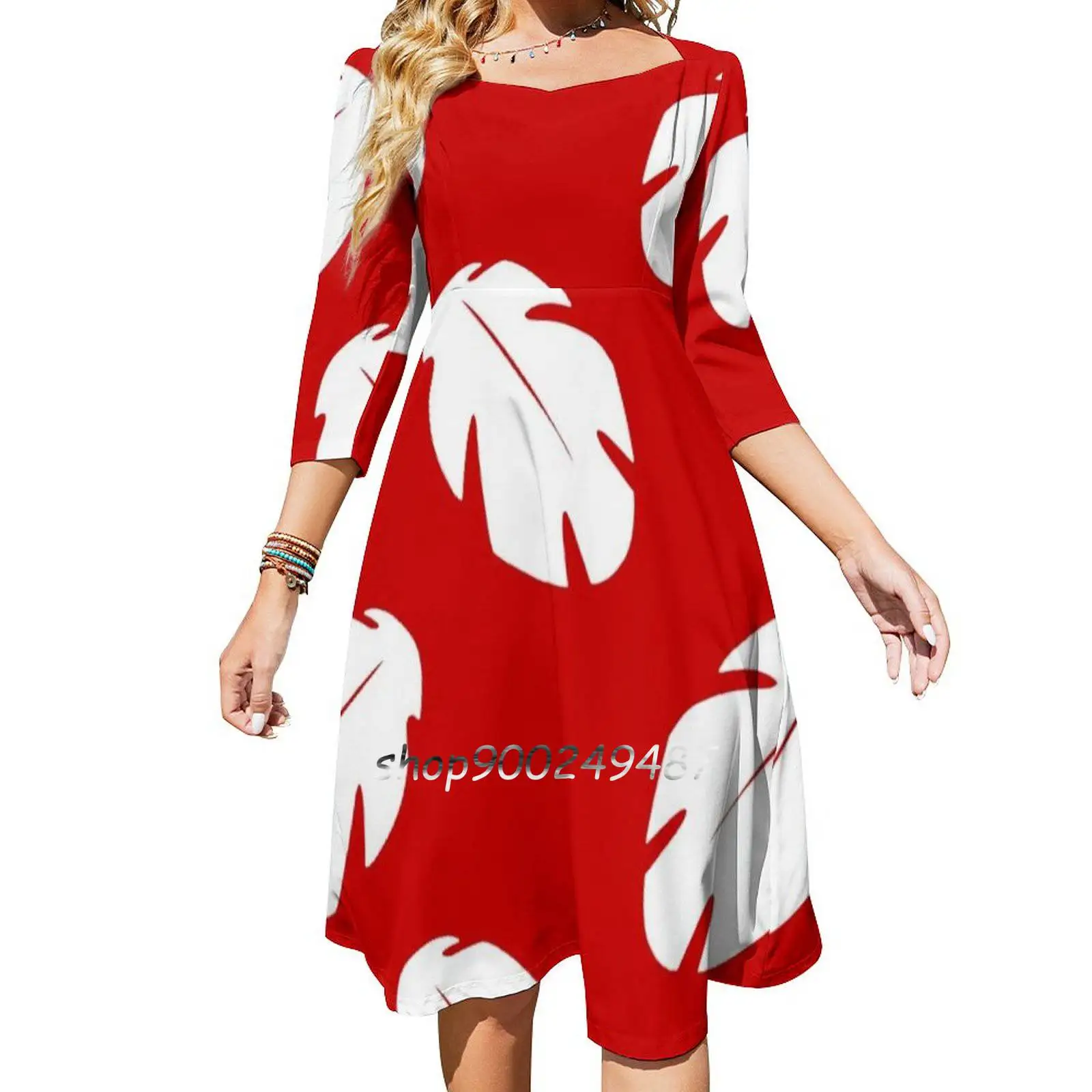 Liloesque Evening Party Dresses Midi Sexy Dress Female Sweet One Piece Dress Korean Lilo Lilo And Hawaii Leaf Red Halloween