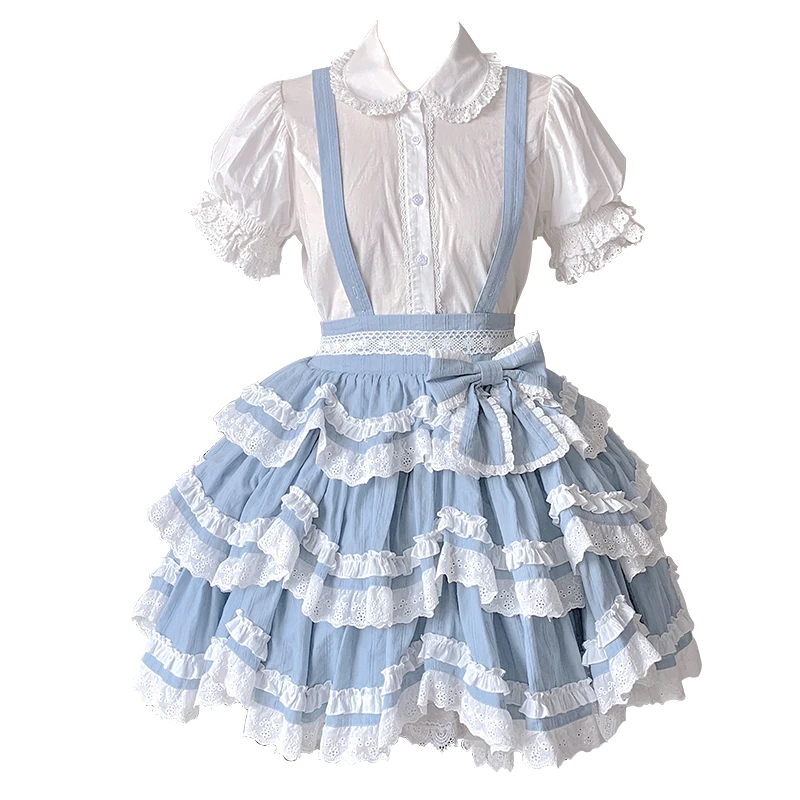 Saia de renda Lolita com laço, Saia Kawaii para menina, Retro e Linda, Vitoriana e Gótica, Fresca e Doce, Loli, Estudante Japonesa